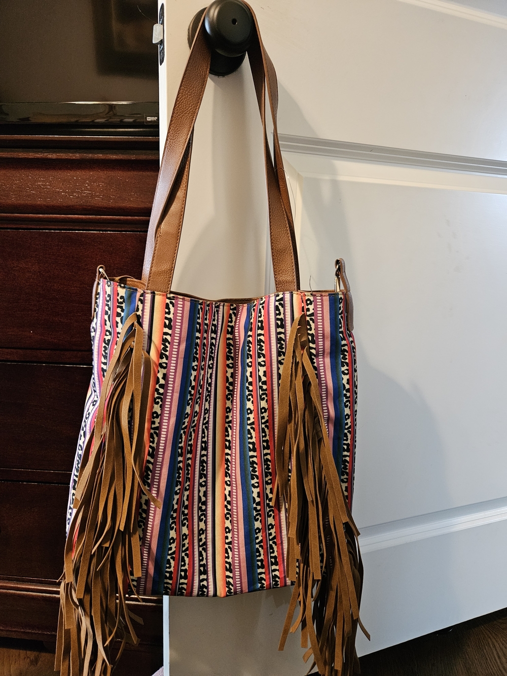 Striped Multicolor Fringe Tote with Tan Handles